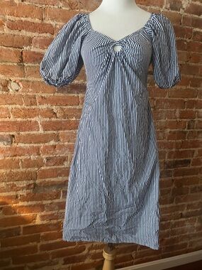 Blue and White Striped Midi Dress with Puff Sleeves